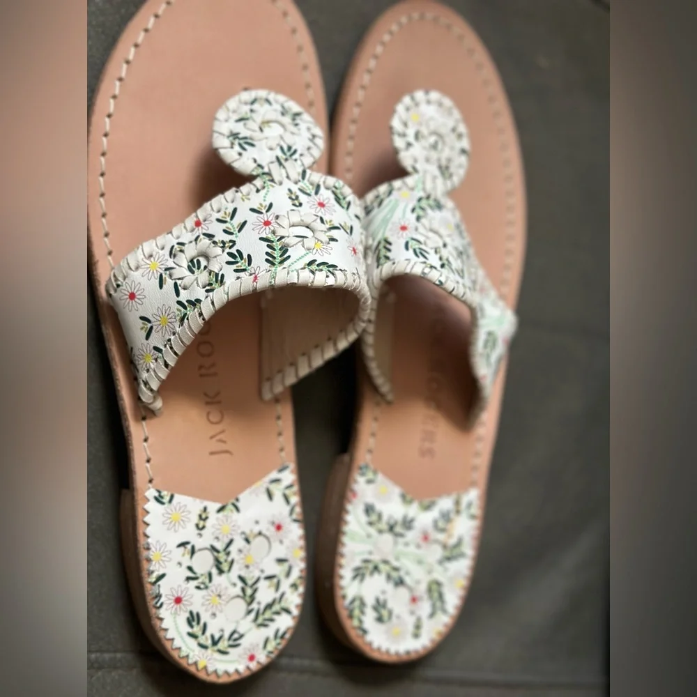 Jack Rogers White Floral Leather Thong Sandal